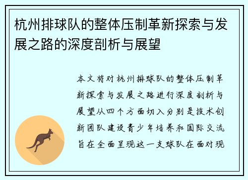 杭州排球队的整体压制革新探索与发展之路的深度剖析与展望