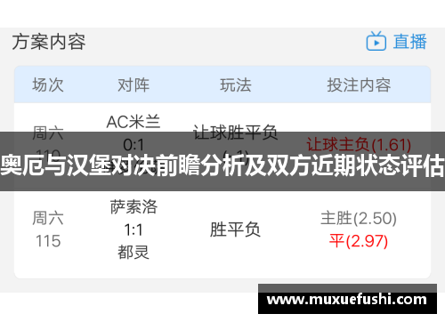 奥厄与汉堡对决前瞻分析及双方近期状态评估